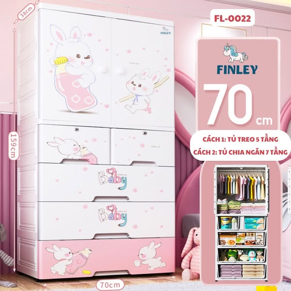 Tủ nhựa treo quần áo, gấp gọn đa năng Finley Thỏ hồng (5 Tầng)