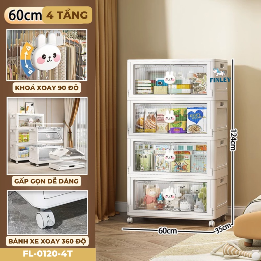 Tủ nhựa đồ dùng, bỉm gấp gọn đa năng Finley Thỏ Trắng (4 Tầng)