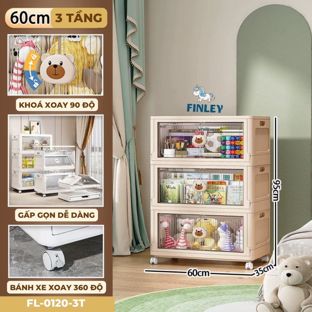 Tủ nhựa đồ dùng, bỉm gấp gọn đa năng Finley Gấu Kem (3 Tầng)