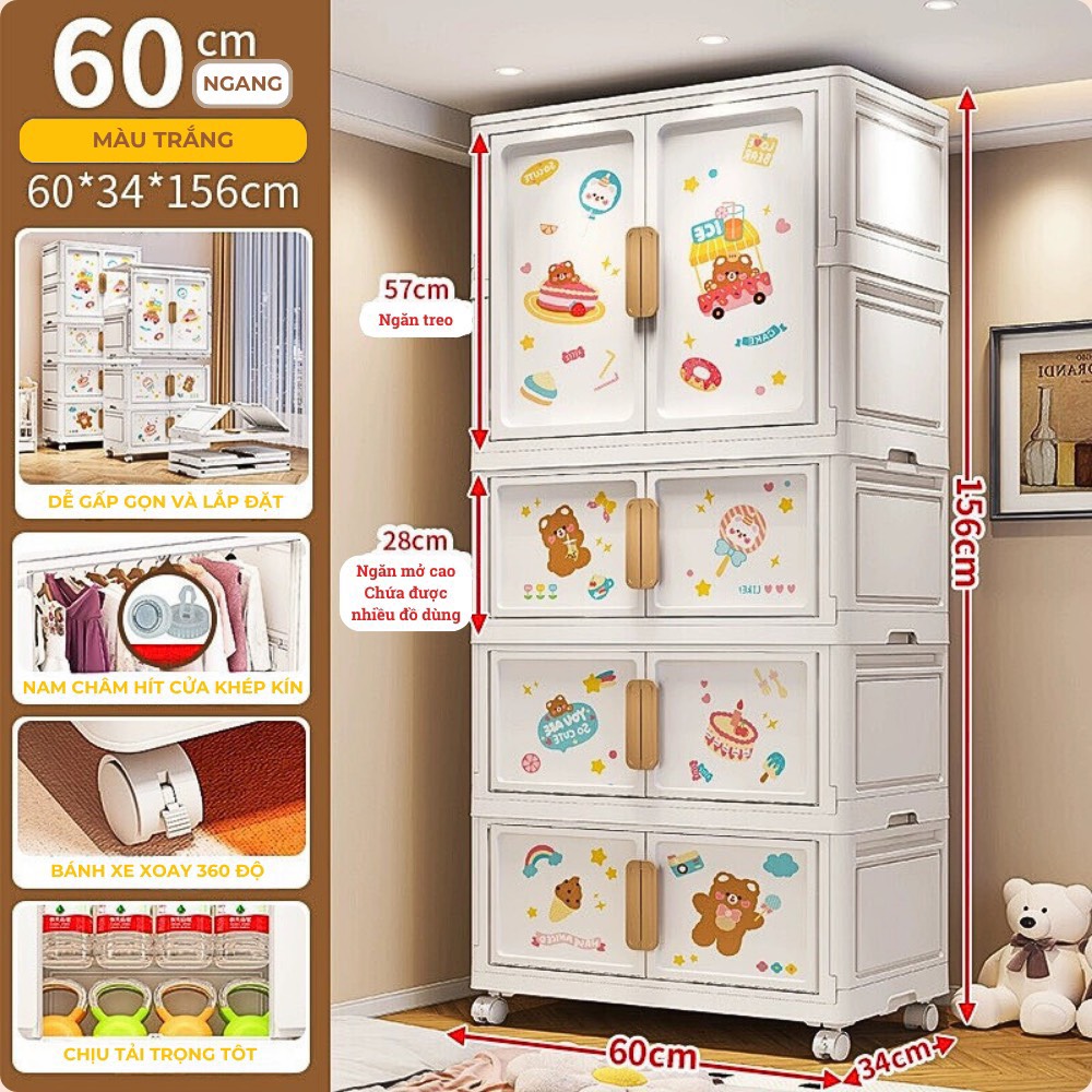 Tủ nhựa treo quần áo,bỉm gấp gọn đa năng Finley Gấu  Trắng (4 Tầng)