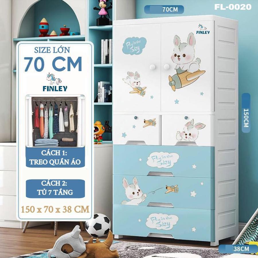 Tủ nhựa treo quần áo gấp gọn đa năng Finley Thỏ Xanh baby  (5 Tầng)