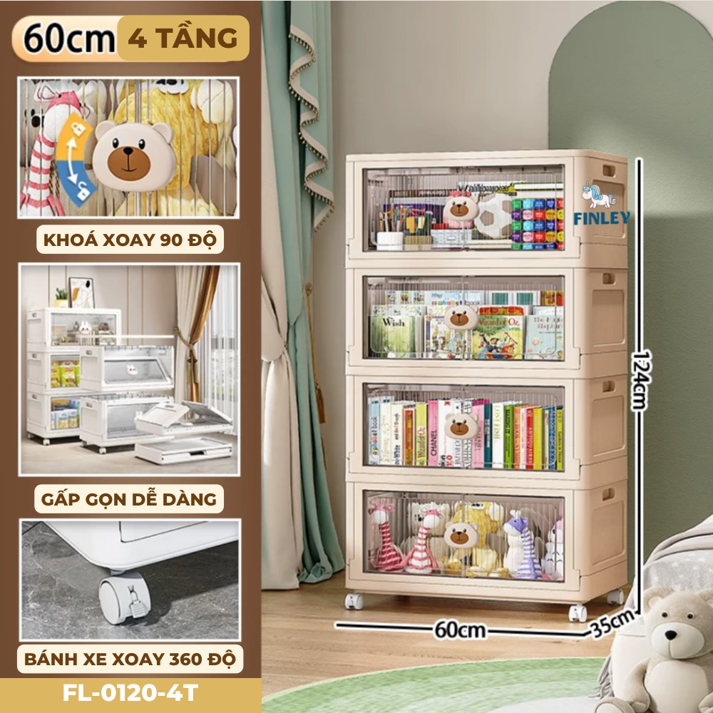 Tủ nhựa đồ dùng, bỉm gấp gọn đa năng Finley Gấu Kem (4 Tầng)