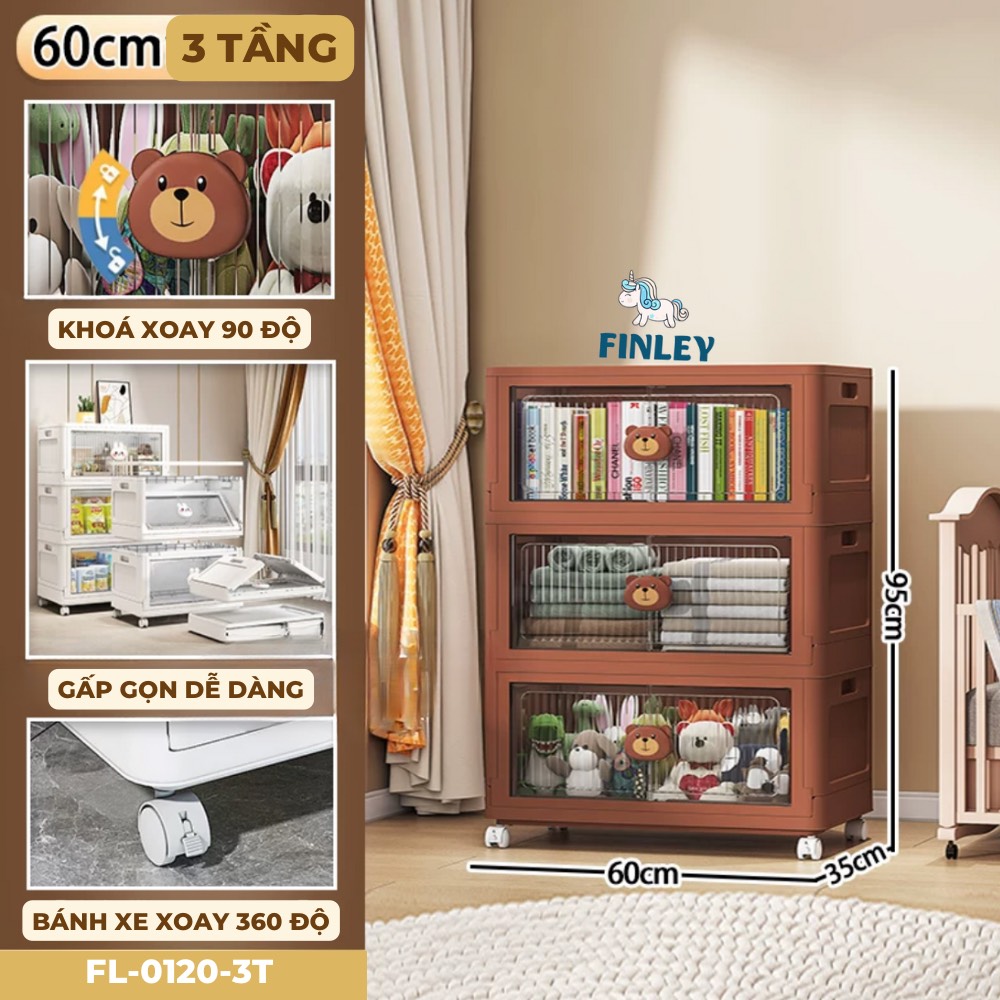 Tủ nhựa đồ dùng, bỉm gấp gọn đa năng Finley Gấu Nâu (3 Tầng)