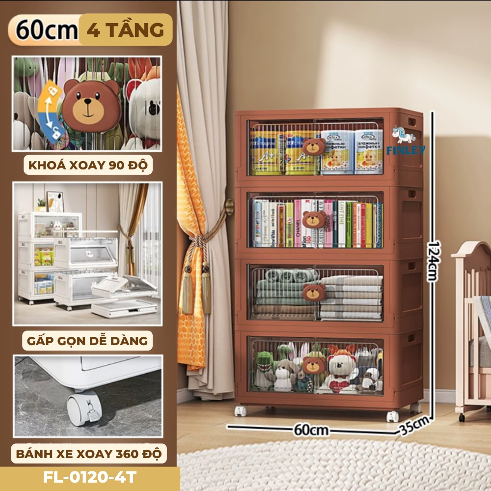 Tủ nhựa đồ dùng, bỉm gấp gọn đa năng Finley Gấu Nâu (4 Tầng)