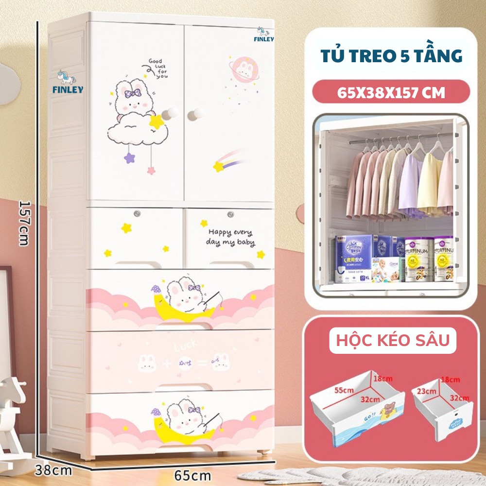 Tủ nhựa treo quần áo cho gấp gọn đa năng Finley Thỏ Hồng ( 5 Tầng)