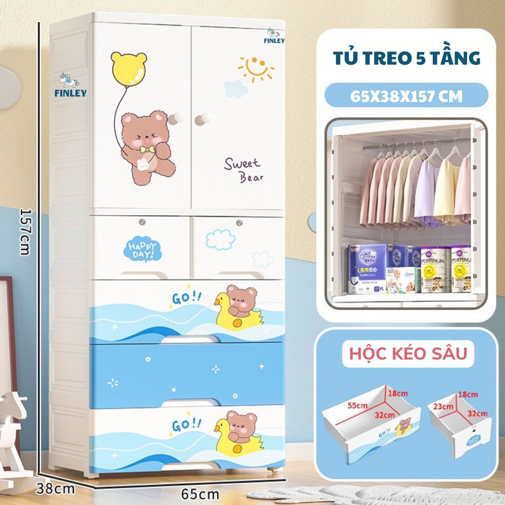 Tủ nhựa treo quần áo, gấp gọn đa năng Finley Gấu Xanh (5 Tầng)