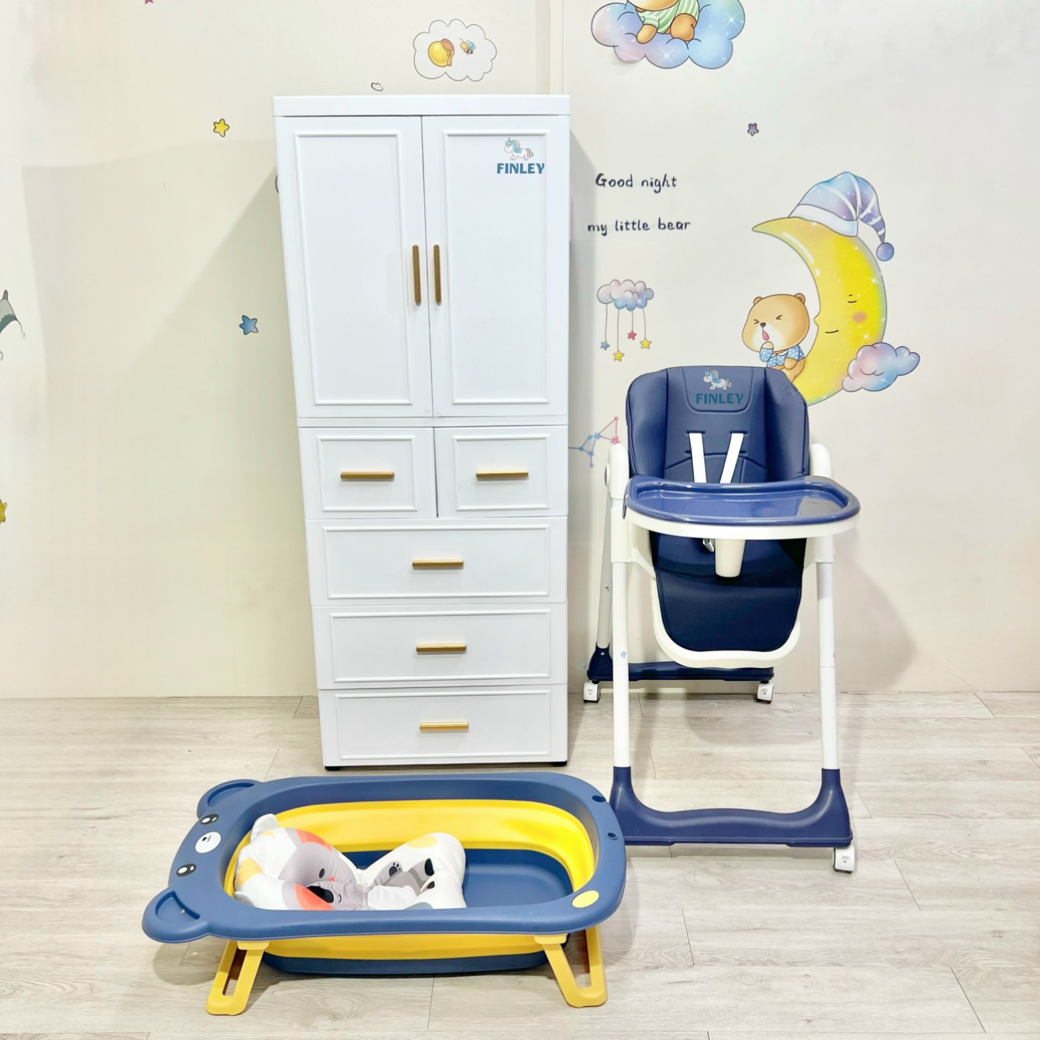 Tủ đơn gấp gọn đa năng Finley lux tay nắm vàng trắng (5 Tầng)