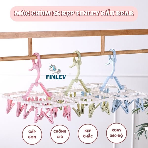 Móc xếp phơi quần áo đa năng tiện lợi FINLEY Gấu Bear (36 Kẹp)
