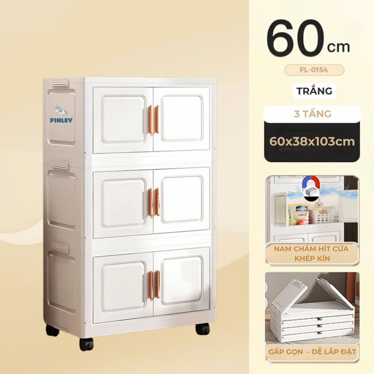 Tủ nhựa quần áo, đồ chơi, gấp gọn đa năng  Polo Trắng (3 Tầng)