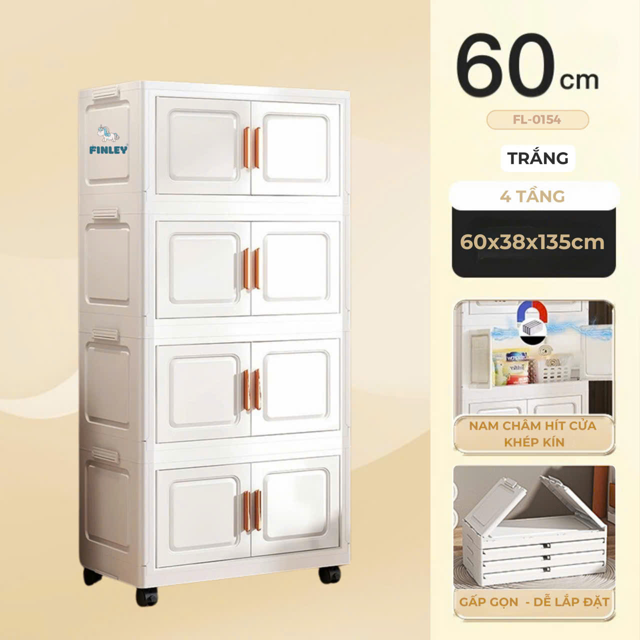 Tủ nhựa quần áo, đồ chơi, gấp gọn đa năng Polo Trắng (4 Tầng)