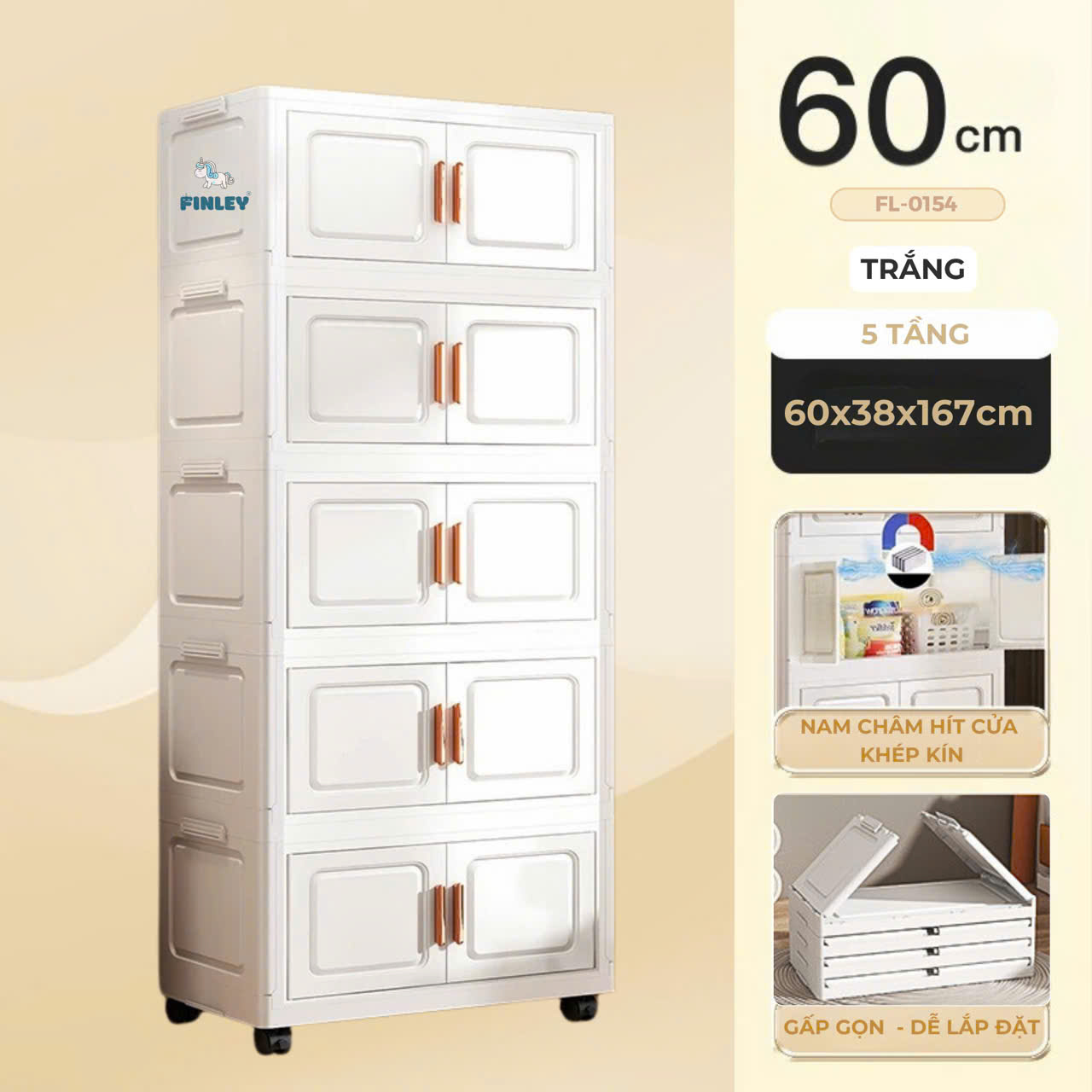 Tủ nhựa quần áo, đồ chơi, gấp gọn đa năng Polo Trắng (5 Tầng)