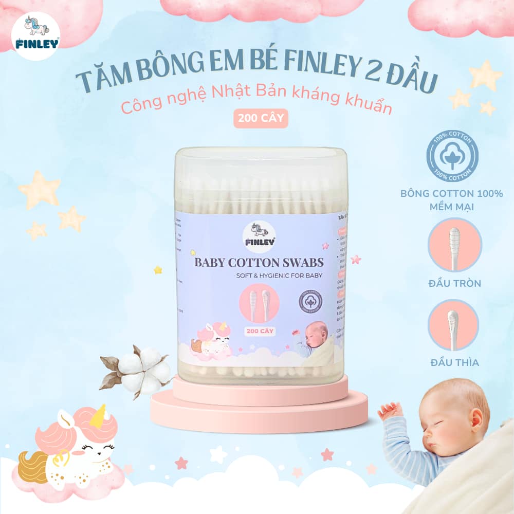 Tăm bông thân giấy cho bé FINLEY hai đầu tròn và thìa (200 Cây)