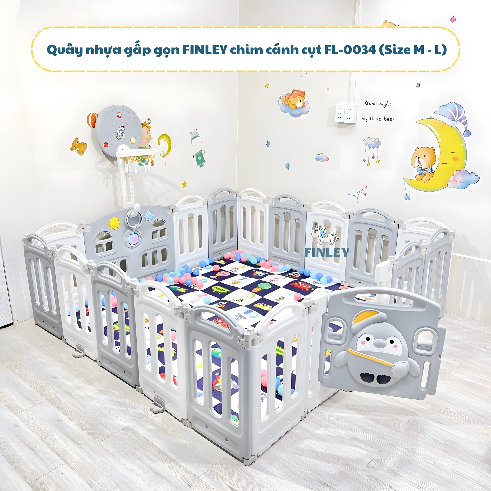 Quây đơn Finley chim cánh cụt Penguin gấp gọn cho bé (2 Size)
