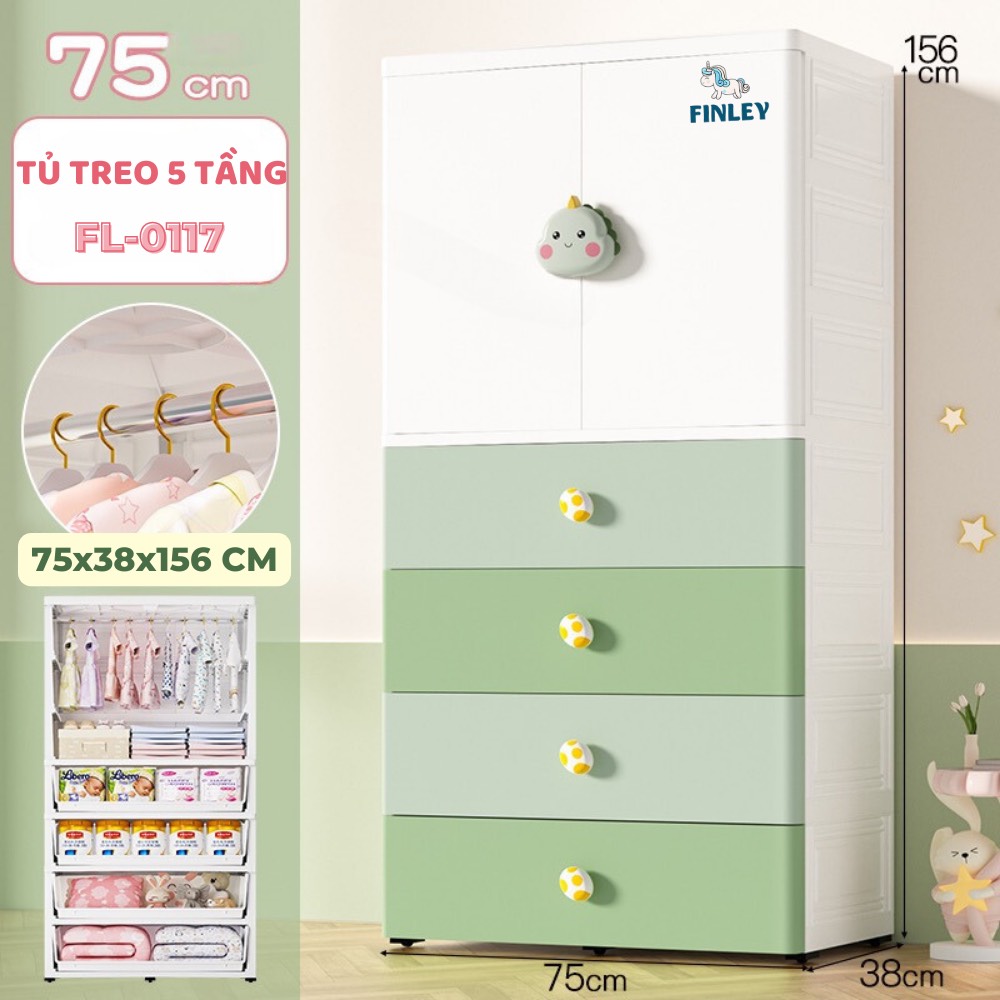Tủ nhựa treo quần áo cho bé gấp gọn  FINLEY khủng long (5 Tầng)