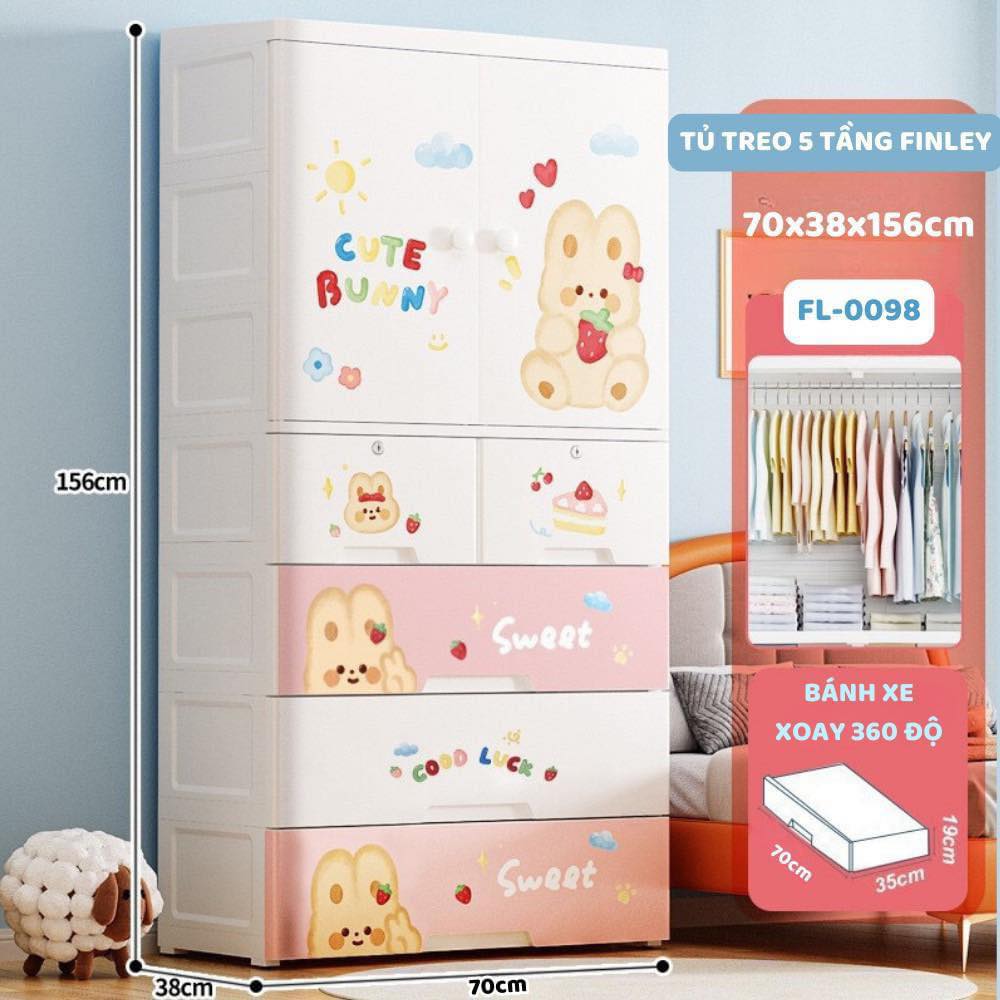 Tủ nhựa treo quần áo gấp gọn đa năng cho bé Finley thỏ dâu (5 Tầng)