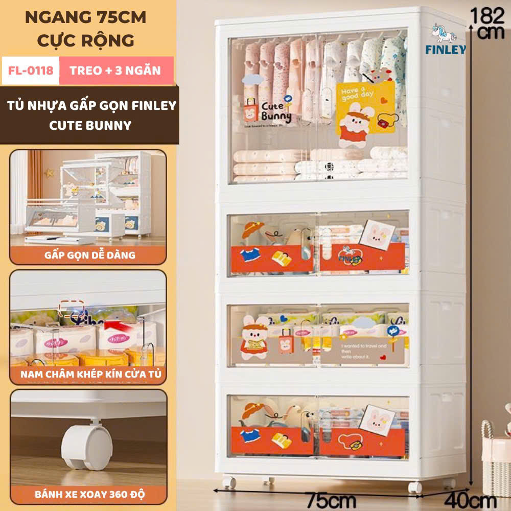Tủ nhựa treo quần áo,bỉm sữa gấp gọn đa năng Finley Thỏ  (4 Tầng)