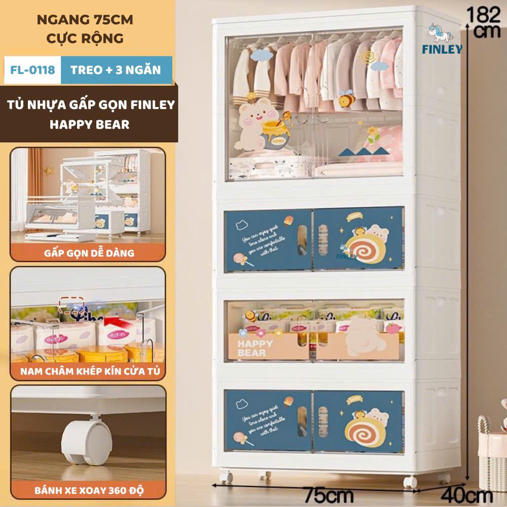 Tủ nhựa treo quần áo,bỉm sữa gấp gọn đa năng Finley Thỏ (4 Tầng)